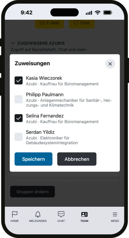 Einfache Verwaltung und Zuweisung von Ausbilderinnen, Ausbildern und Auszubildenden.