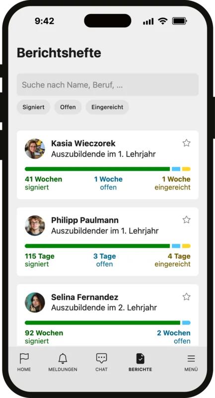 Die Azubi-Status-Cards im digitalen Berichtsheft machen Personalverantwortlichen das Leben leicht.